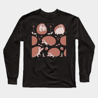 Hedgehogs Among the Flowers Pattern in Brown and Grey Long Sleeve T-Shirt